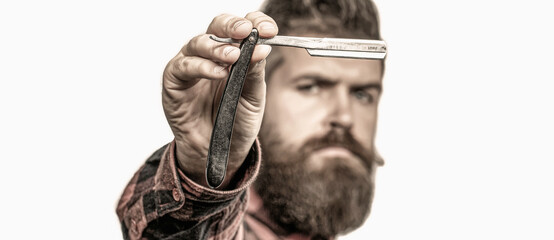 Straight razor, barbershop, beard. Portrait of brutal bearded man