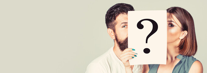 Anonymous, man and woman question, incognita. Problems and solutions. Couple in quarrel