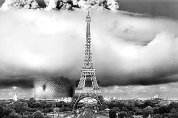 Photo Bombe nucléaire Paris, illustration explosion nucléaire, guerre nucléaire Paris, conflit nucléaire photo nuage atomique Paris tour Eiffel alerte guerre atomique , 3ème guerre mondiale