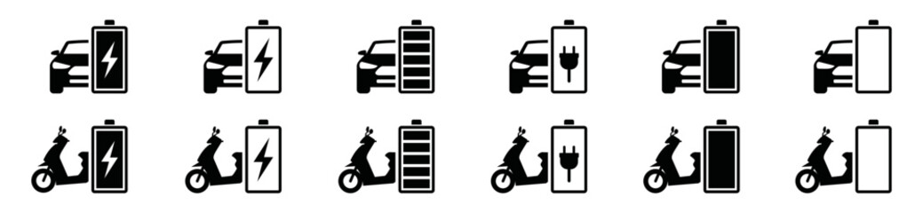 Charging car and motorcycle battery icon vector set. Vehicle battery charge indicator symbol silhouette.