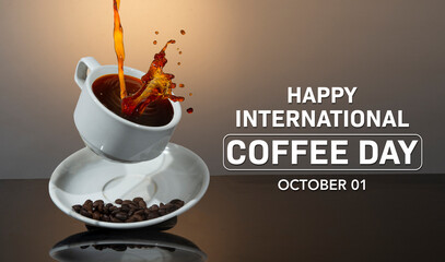 Happy International Coffee banner with coffee splash and beans in plate