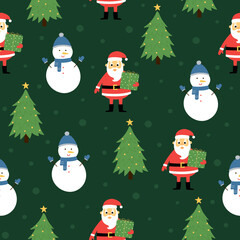 WebSeamless pattern of cute santa claus, snowman and christmas tree on green background. Background for Christmas design.