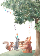 Woodland birthday party. Watercolor illustration of forest friends with greeting decor, birthday cake. Baby animals card