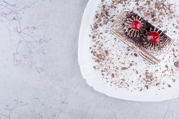 Tasty chocolate cake on white plate