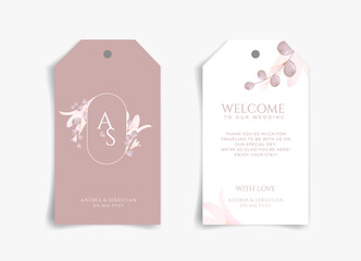 Pink flower on pink and white wedding gift card or thank you card, wedding tag, gift tag with front side and backside. Nature theme wedding card. Nature cover. Wedding tag card template.