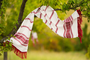 Traditional Romanian scarf or vintage kitchen towel with red and white models part of the Romania...