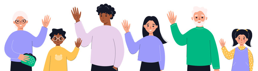 People of different ages saying hello and waving with hand. Concept of smb, society, communication, relationships. Vector flat illustration.