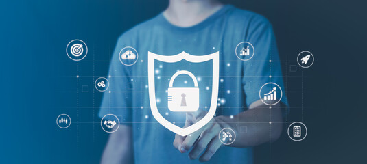 Man touching security scanning of digital programs. Surveillance of Personal database with Futuristic digital processing of biometric identification fingerprint scanner.