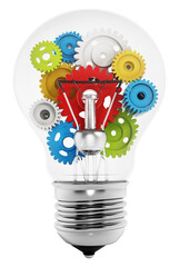 Colorful gears inside the light bulb on transparent background