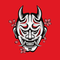 Scary oni japanese demon mask with cherry blossoms