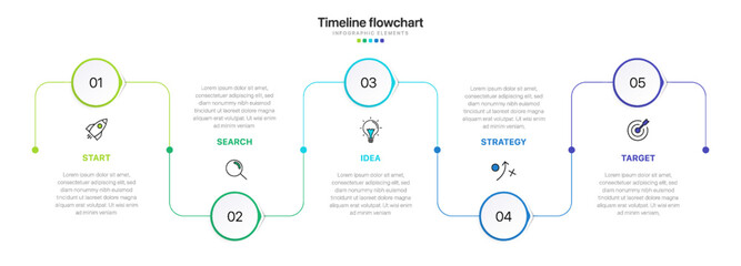 Timeline infographic design with 5 options or steps. Infographics for business concept. Can be used for presentations workflow layout, banner, process, diagram, flow chart, info graph, annual report. - obrazy, fototapety, plakaty