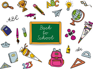 Back to school -school supplies like rulers, pencils, cones, backpack, notebook, lightbulb, brushes and ABC - around a blackboard - colorful hand-drawn cartoon for banner or greeting card.