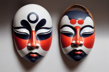 Painted traditional japanese kabuki theater mask made of ceramic, wood, lacquer and clay. Highly ornate and exaggerated design. Masks used by actors during spectacle, 3D illustration concept art. 