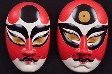 Painted traditional japanese kabuki theater mask made of ceramic, wood, lacquer and clay. Highly ornate and exaggerated design. Masks used by actors during spectacle, 3D illustration concept art. 