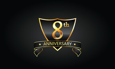 8 year anniversary logo with golden shield and ribbon. Dark concept anniversary. 8th Anniversary celebration background. eighth anniversary banner vector