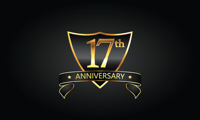 17 year anniversary logo with golden shield and ribbon. Dark concept anniversary. 17th Anniversary celebration background. seventeenth anniversary banner vector