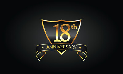 18 year anniversary logo with golden shield and ribbon. Dark concept anniversary. 18th Anniversary celebration background. eighteenth anniversary banner vector
