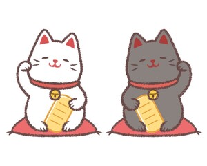 首をかしげるシロクロ招き猫と座布団のセット