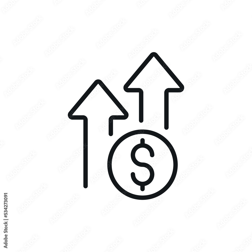 Poster growth of money linear icon. coin with arrows. thin line customizable illustration. contour symbol. 