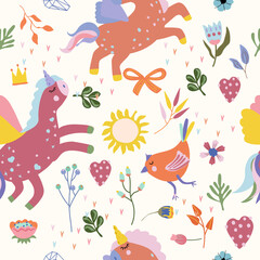 Naklejka premium Seamless pattern with magical Unicorn, colorful flowers and leaves, funny bird, sun. Cute pattern with Unicorn can be used as textile, wallpaper, banner and other. Vector illustration