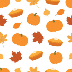 Seamless pattern fall pumpkin pie autumn leaves vector illustration