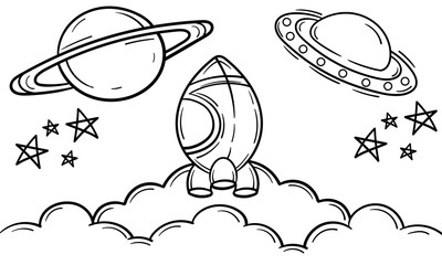 hand draw illustration with space theme on white background