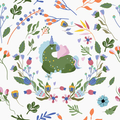 Seamless pattern with magic Unicorn, colorful wild flowers and leaves. Cute pattern can be used as textile, fabric, wallpaper, banner and other. Vector illustration