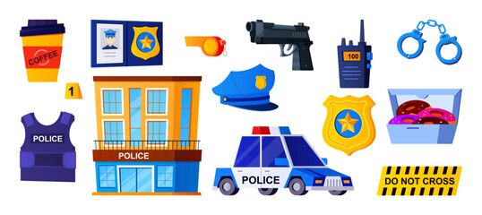 Fototapeta premium Work in the city police - flat design style illustration set