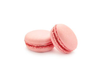 Sweet raspberries macarons isolated on white background.