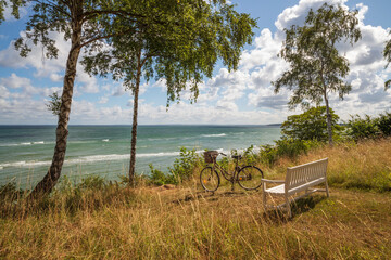 White wooden bench and bicycle below silver birch trees overlooking the sea, Munkerup, Zealand, Denmark, Europe - obrazy, fototapety, plakaty