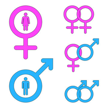 Male and female gender sign. Signs of relationship types - heterosexual, lesbian and gay couples. Vector illustration