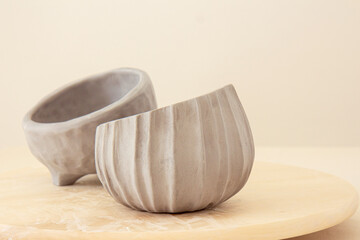 Ceramic crockery and craft pottery cups. Handicraft clay earthenware bowls in artisan craftsman classes workshop . Pottery, different pottery. Close up
