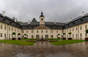 view of the spacious courtyard and entrance of the manor House in Svaty Anton in Slovakia