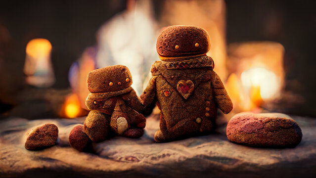 fall in love gingerbread man and woman in front of the cozy fireplace at christmas time