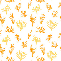 Seamless pattern with abstract tropical plants on a white square background in light orange tones.
