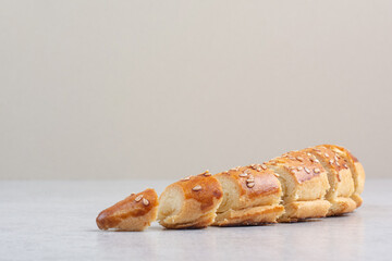 Tasty homemade biscuits on beige background