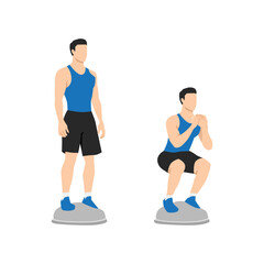 Man doing bosu ball squat exercise. Flat vector illustration isolated on white background