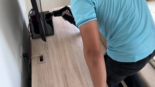 Service staff is cleaning, sanitizing and banishing dust mites in the bedroom.