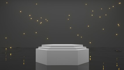 Product display - 1 item, white podium, stars, water reflection, hexagon