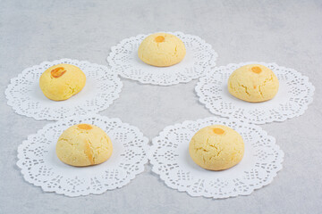 Tasty round cookies on gray background