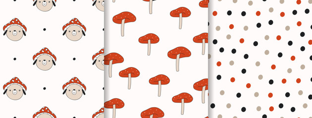 Set of vector seamless patterns with doggy in fly agaric hat, polka dots and fly agaric mushrooms.