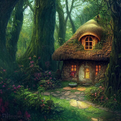 Magical forest: fairytale cozy cottage in the wood with a small garden surrounded by purple flowers, digital art made with generative AI - obrazy, fototapety, plakaty