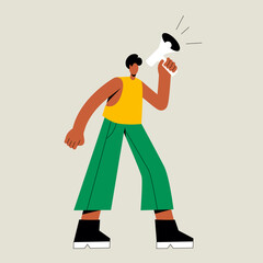A man shouts into a megaphone. The guy is protesting at a parade and rally. The man in pants demands the right
