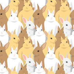 White, red, brown, gray rabbits. Seamless pattern with animals, background, print. Vector illustration