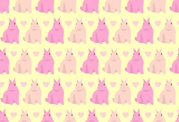 Pink rabbit with a heart on a light background. Seamless pattern with animals, print. Vector illustration