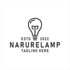 Nature Bulb logo design vintage with line art style. Bulb with Leaf logo design concept.