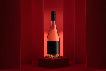 Wine bottle with a blank label on red podium