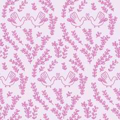 Little cute birds white pigeons kissing with branches doodle. Pink pattern for wedding, paper, baby, scrapbook, valentine's day.