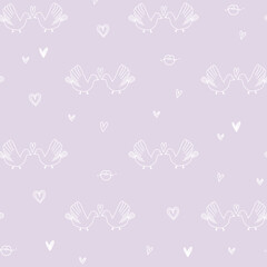 Little cute birds white pigeons kissing with hearts doodle. Pink pastel pattern for wedding, valentine's day, paper, baby, scrapbook.