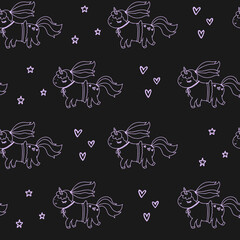 Little cute unicorn line with hearts doodle. Black and pink pattern for paper, baby, scrapbook.